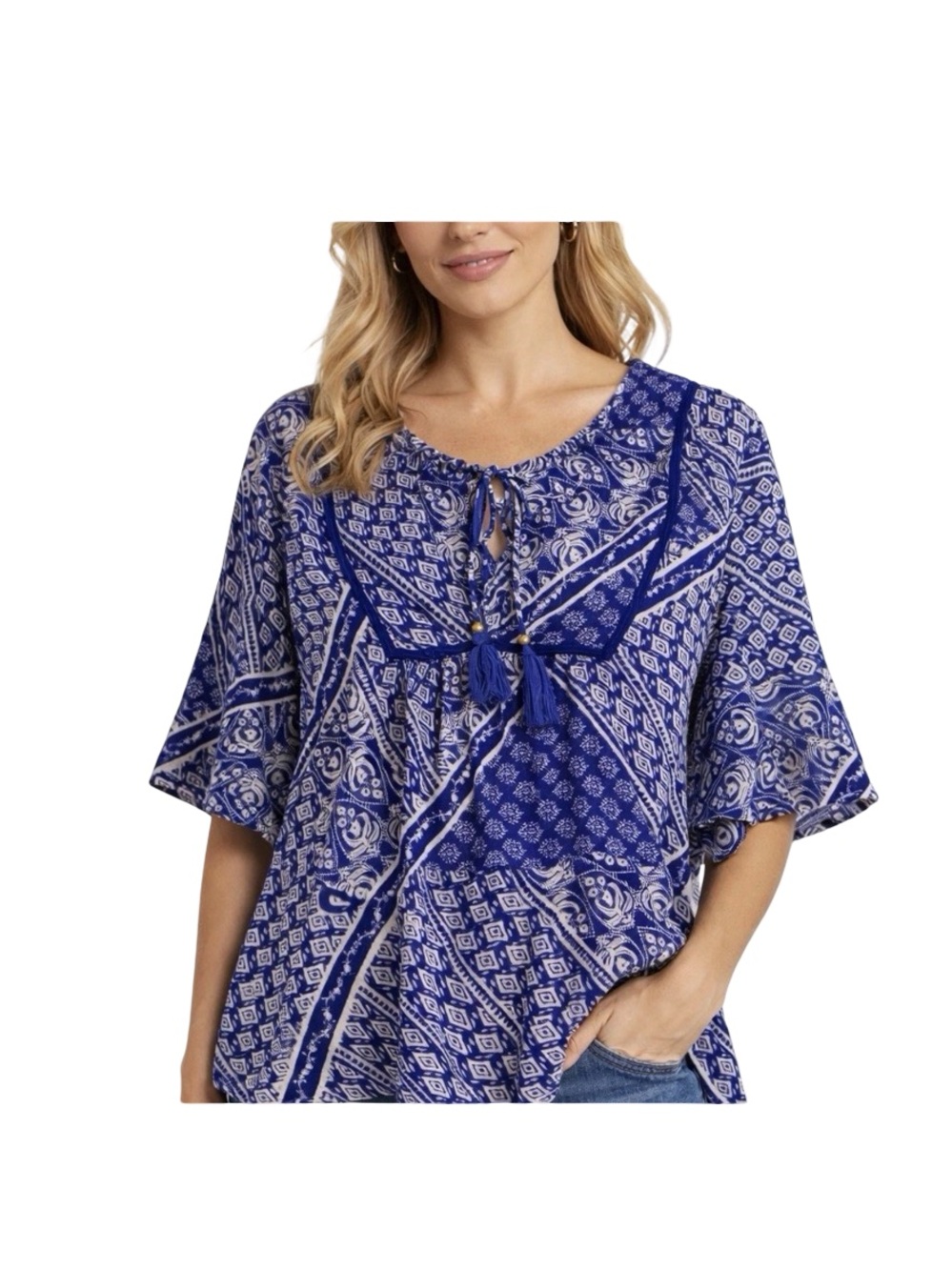 RAGA Blue Printed Tie-Front Peasant Blouse